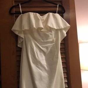 strapless white dress with exposed zip